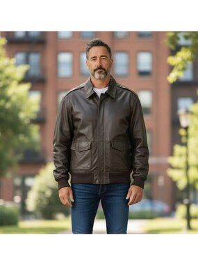 Vintage Mens Large Leather Cockpit Bomber Jacket USA  Brown Aviation Blue Eagle